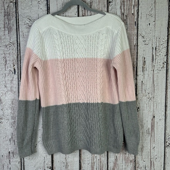 Tommy Hilfiger Color Block Cable Knit Boatneck Sweater SZ Medium Pink Gray White - Picture 1 of 16